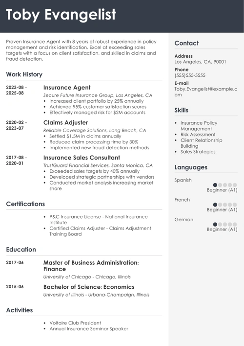 Insurance Agent Resume Sample