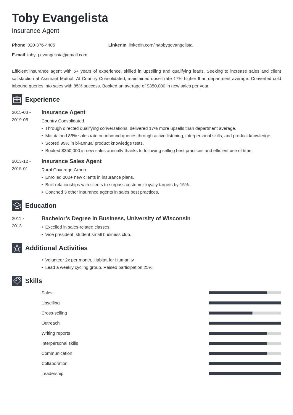 Insurance Sales Agent Resume Examples & Job Description