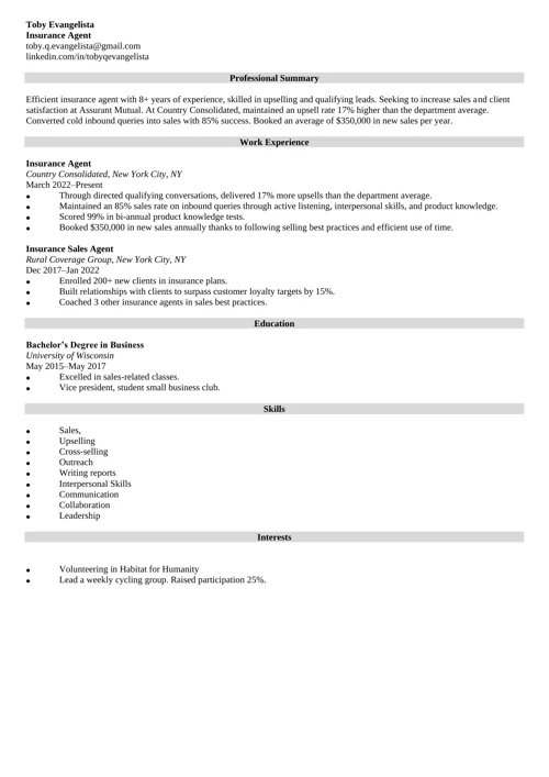 Insurance Agent Resume Sample