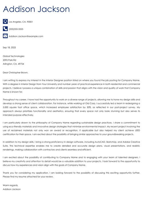 Interior Designer Cover Letter Example & Writing Guide