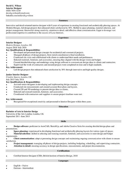 interior designer CV example