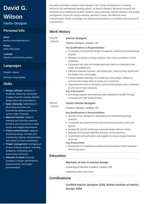 interior designer CV example