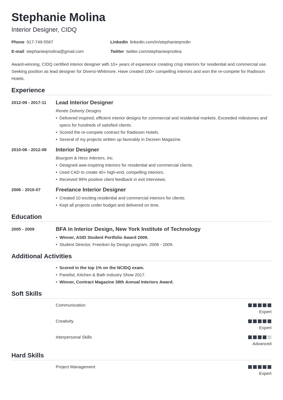 Interior Design Resume Examples [Guide, Skills & More]