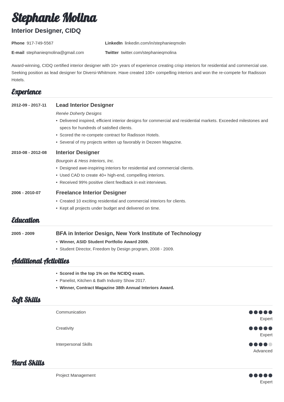 interior design resume example template valera