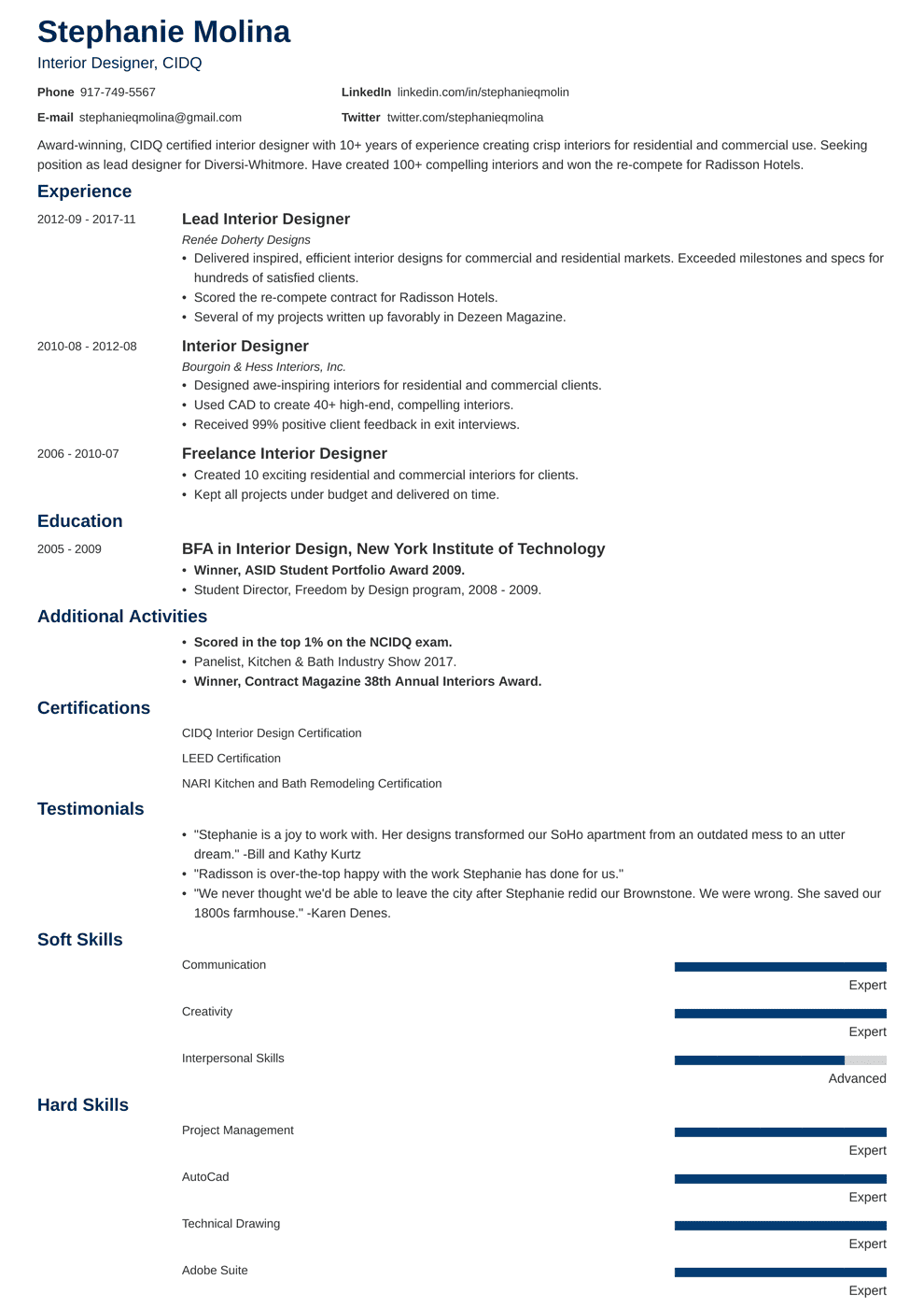 Interior Design Resume Sample And Complete Guide 20 Examples
