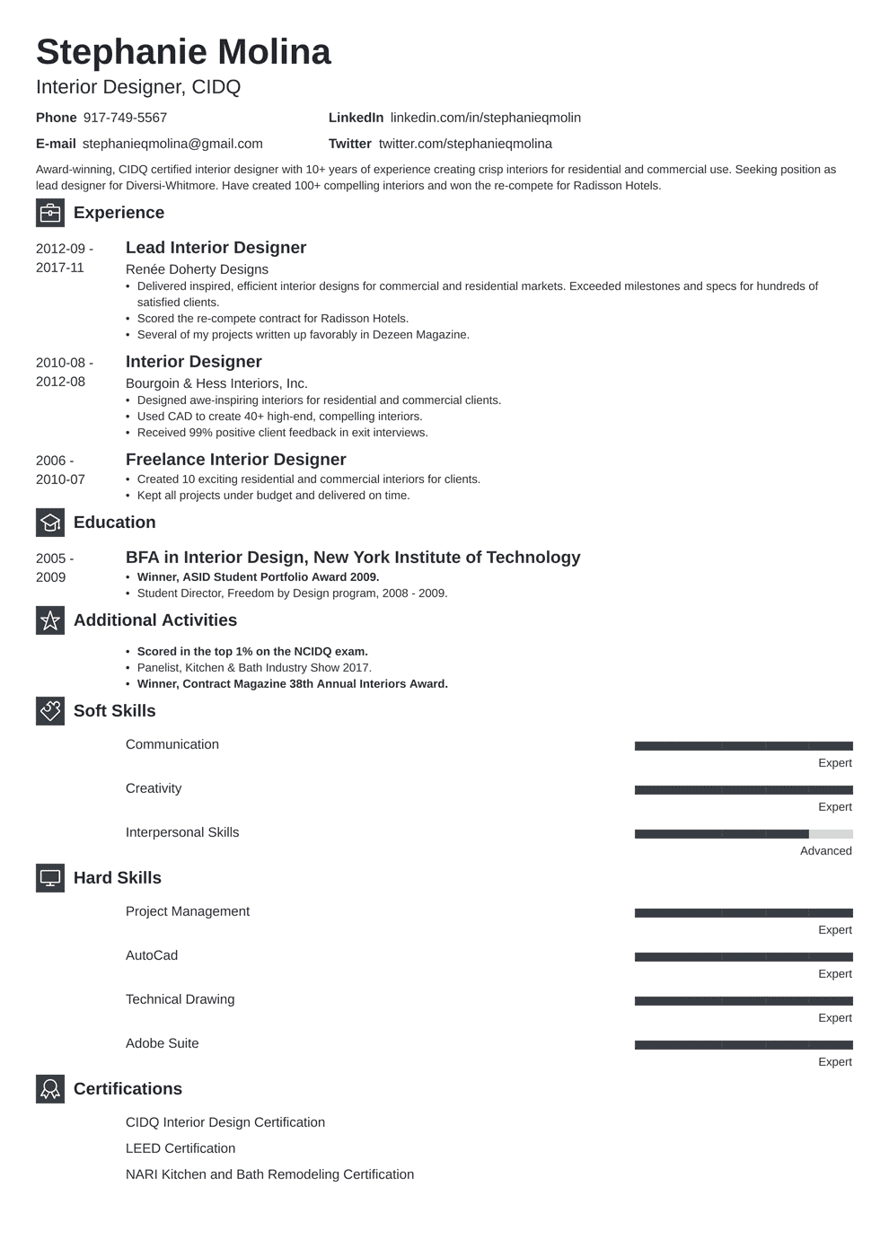 Interior Design Resume Examples [+Key Skills and Objectives]