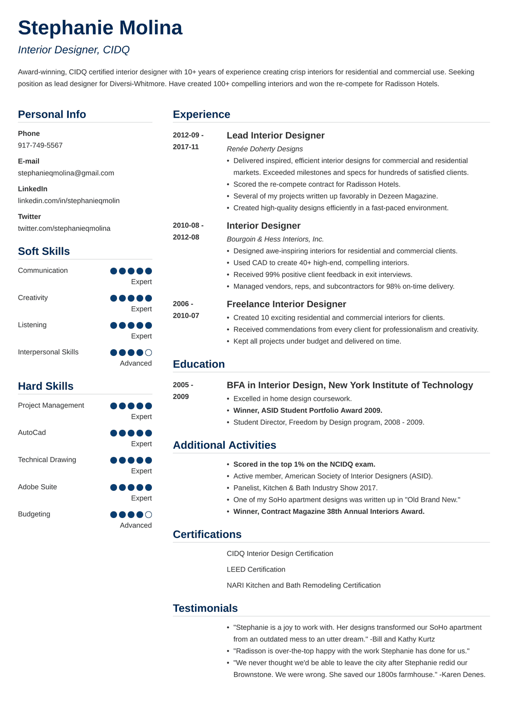 Interior Design Resume Sample And Complete Guide 20 Examples