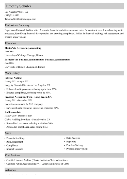 internal auditor resume example