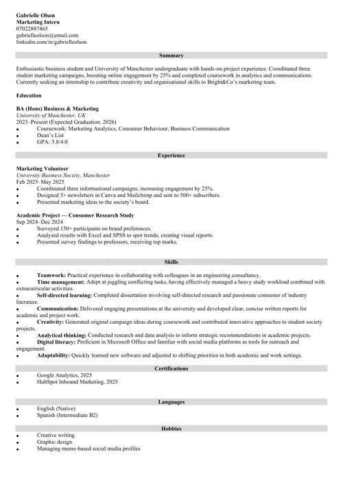 Internship CV example