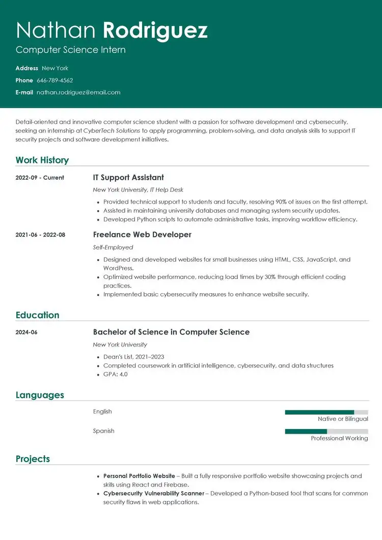 Computer Science Internship Resume Example