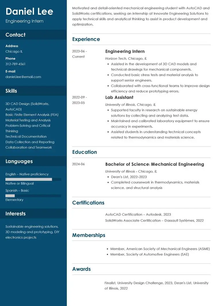 Engineering Intern Resume Example