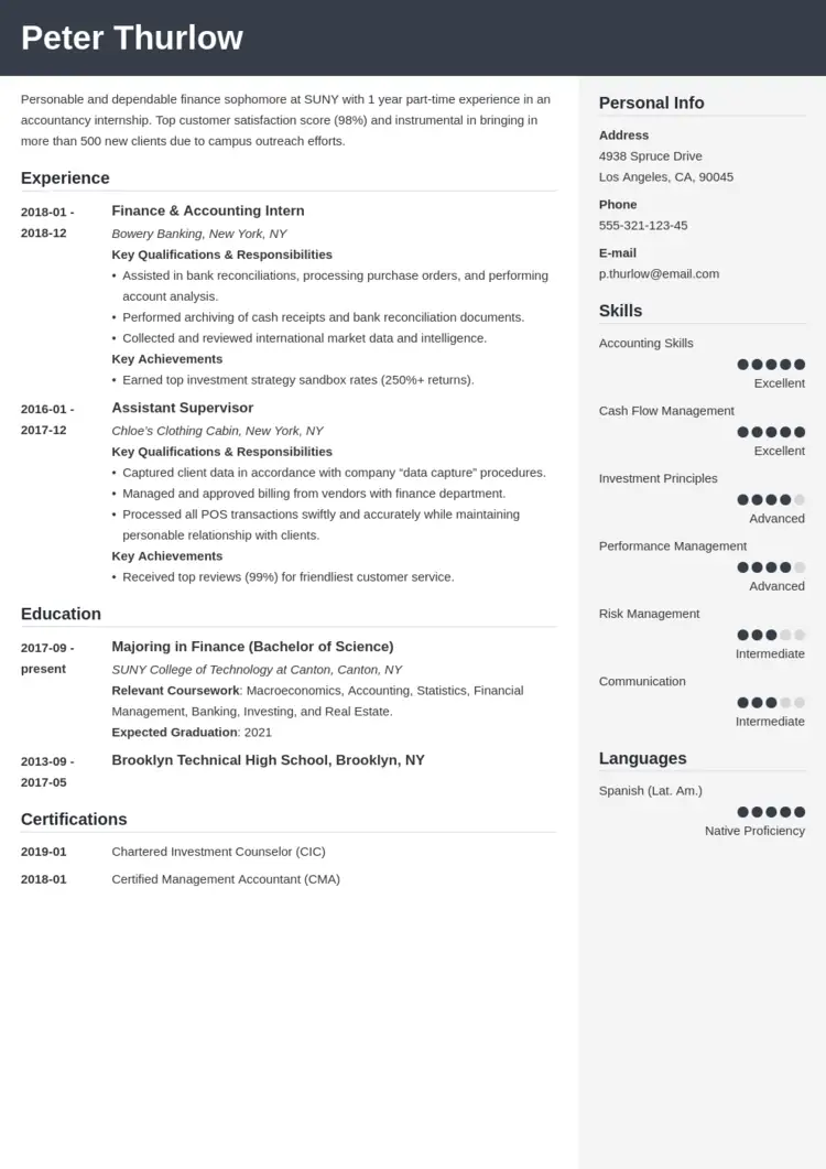 Internship Resume Example