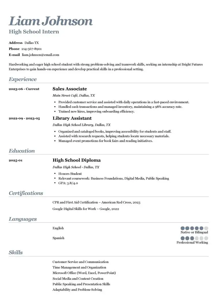 High School Internship Resume Example