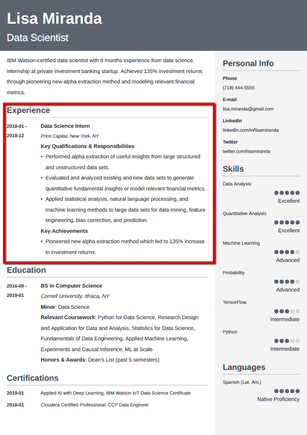 how to write intern experience in resume