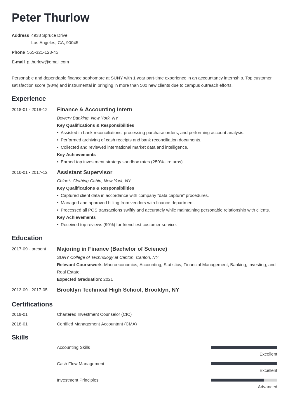 resume samples for college students for internship