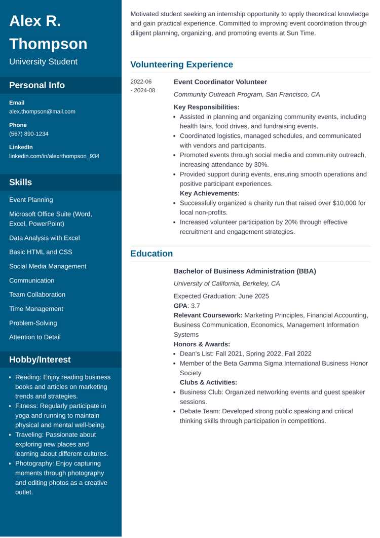 Cascade resume template for an internship