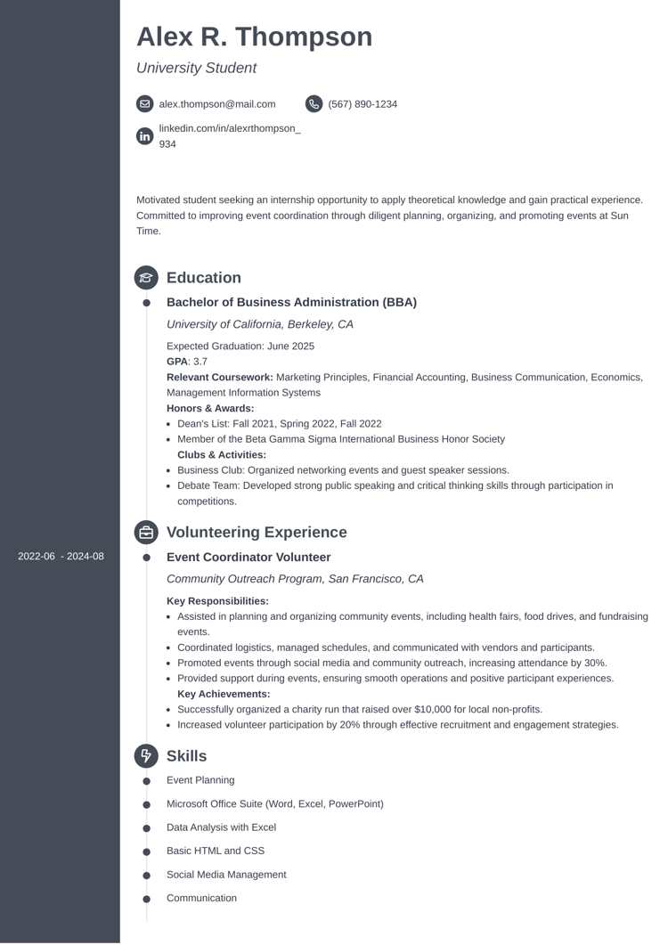 Concept resume template for an internship