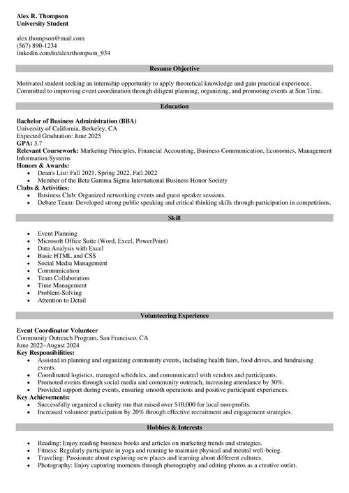 Internship Resume Example