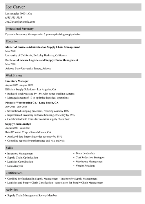 inventory manager resume example