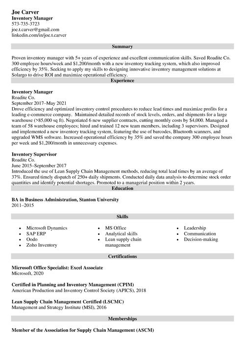inventory manager resume example