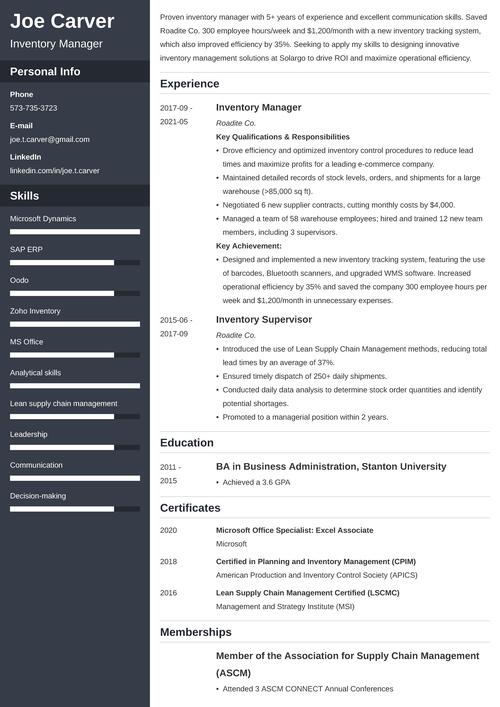 inventory manager resume example