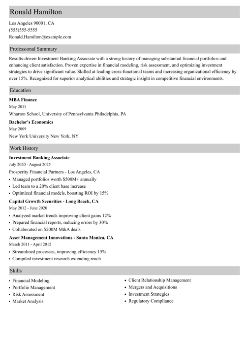 Investment banker resume example