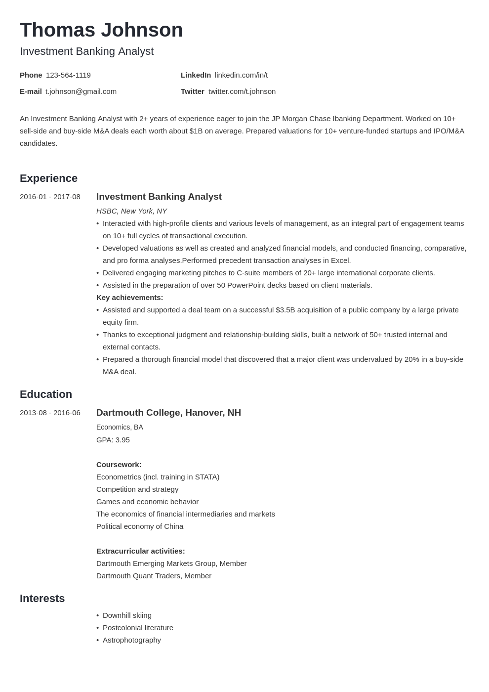 good resume for investment banking