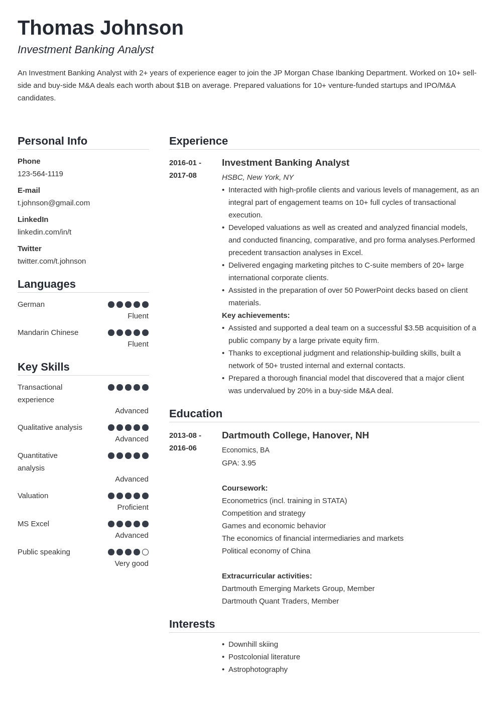 investment banker resume example template simple