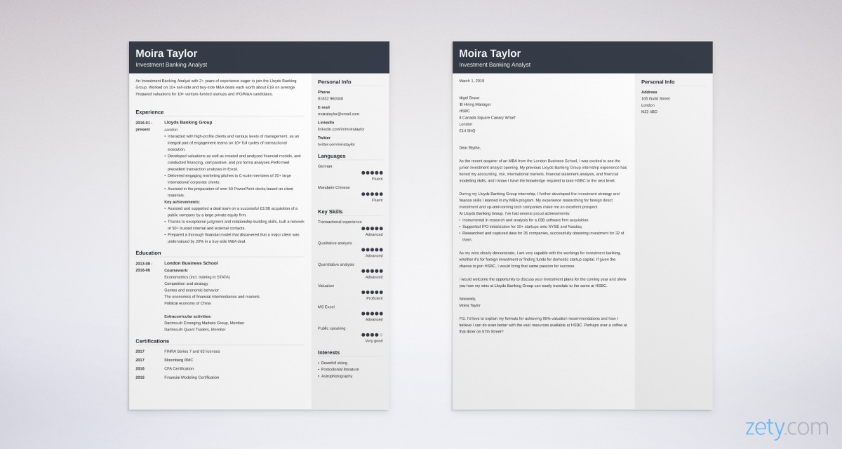 investment banking CV and cover letter set