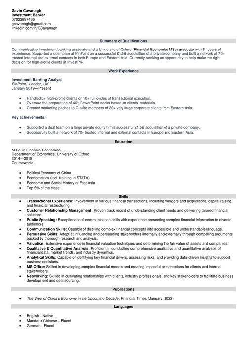 investment banking CV example