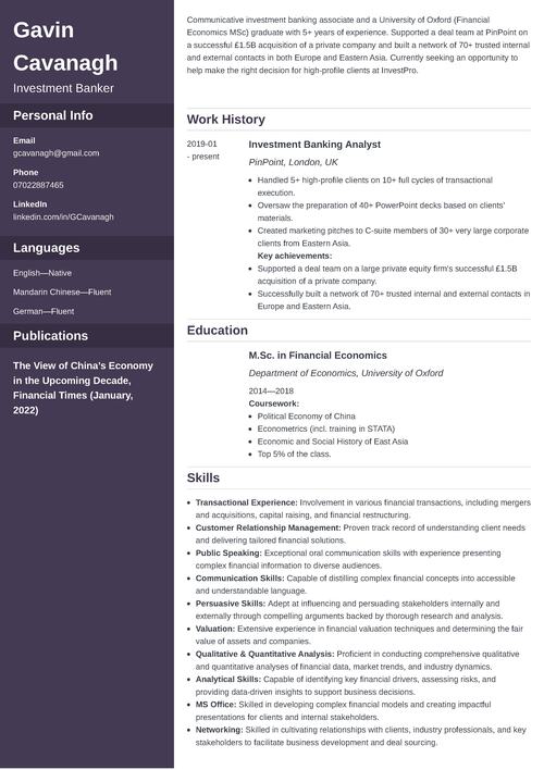 investment banking CV example