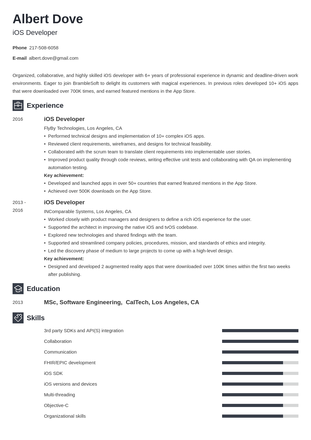 ios developer resume example template newcast