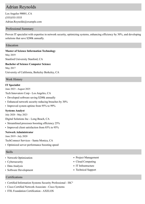  IT sample resume example