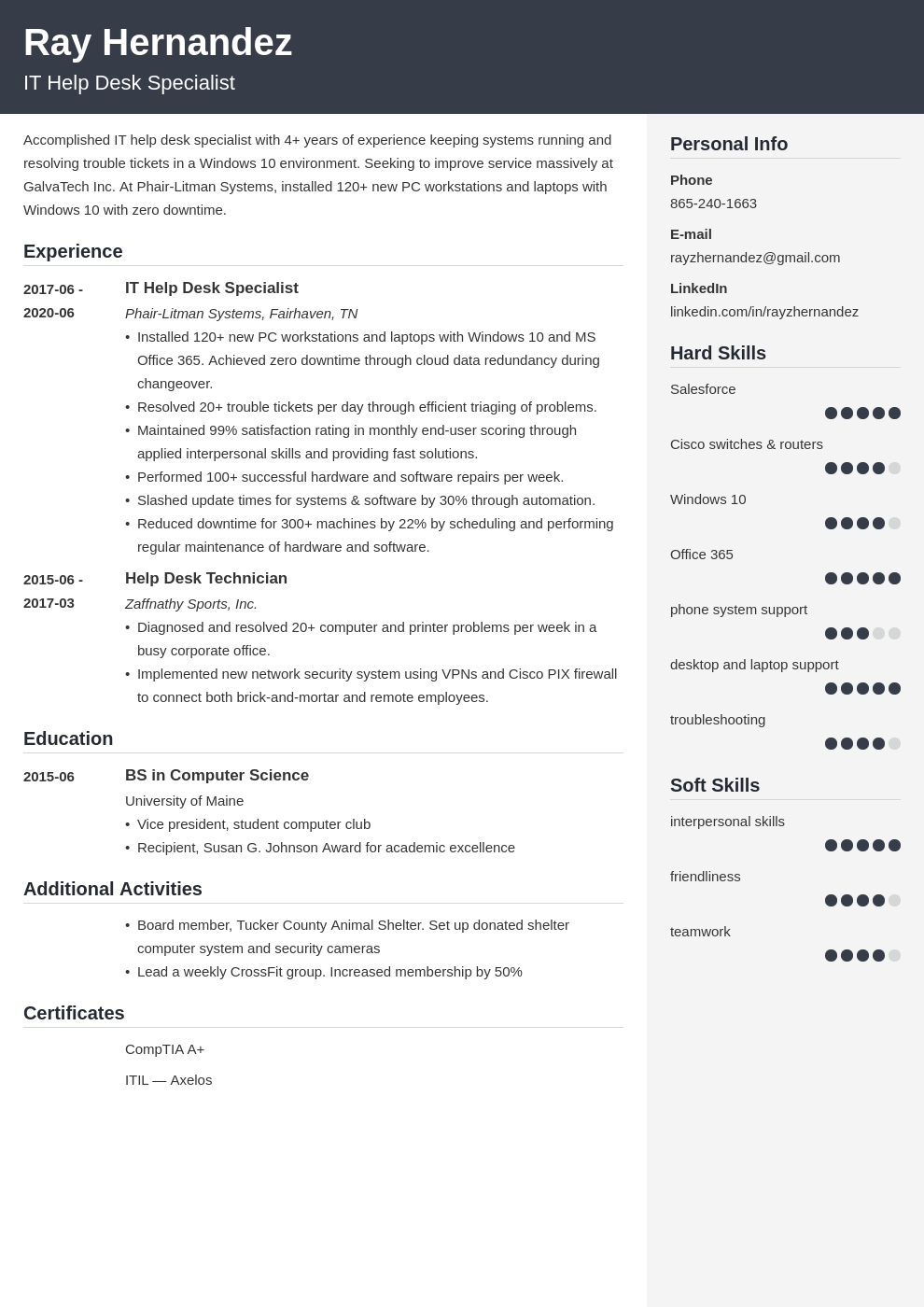 resume summary examples for help desk technician