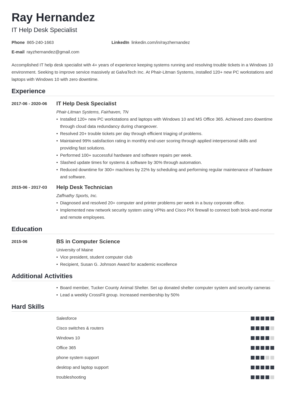 help desk support sample resume