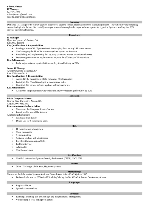 It manager resume example