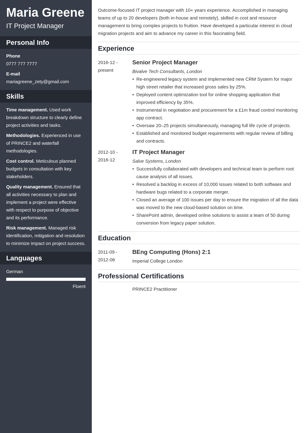 it project manager resume example template cascade