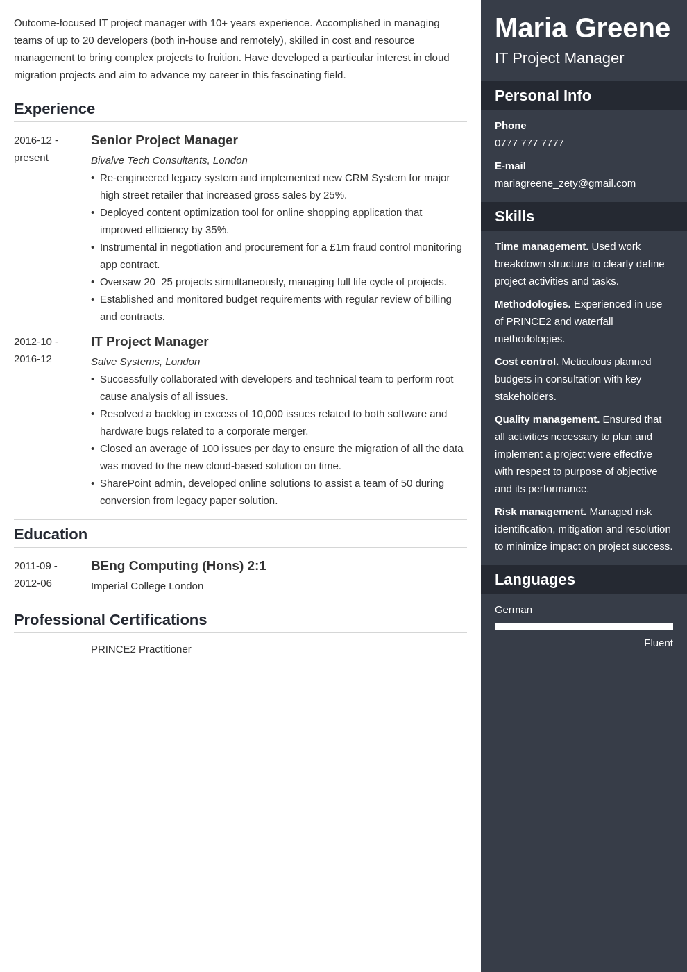 it project manager resume example template enfold