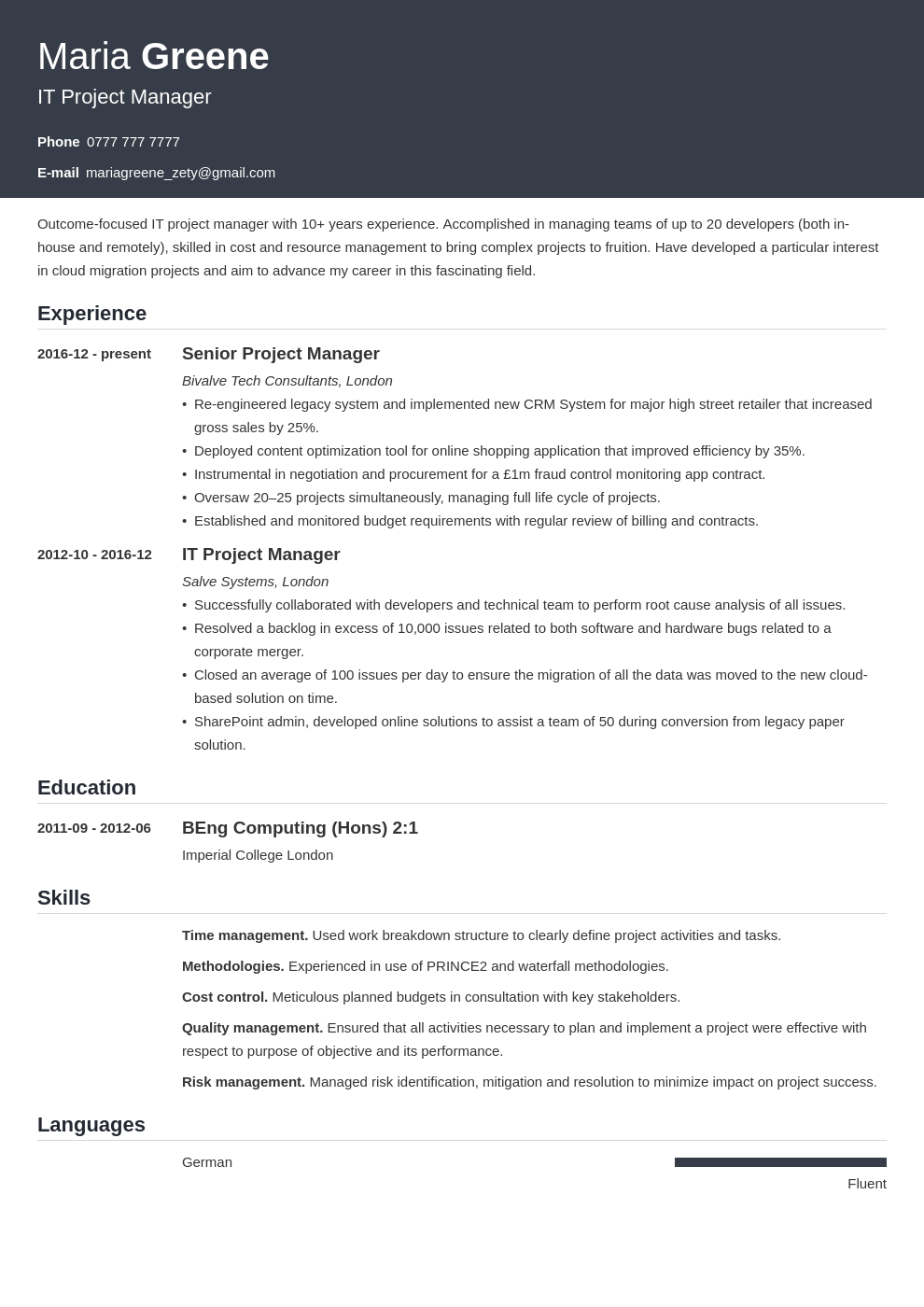 It project manager resume writing service