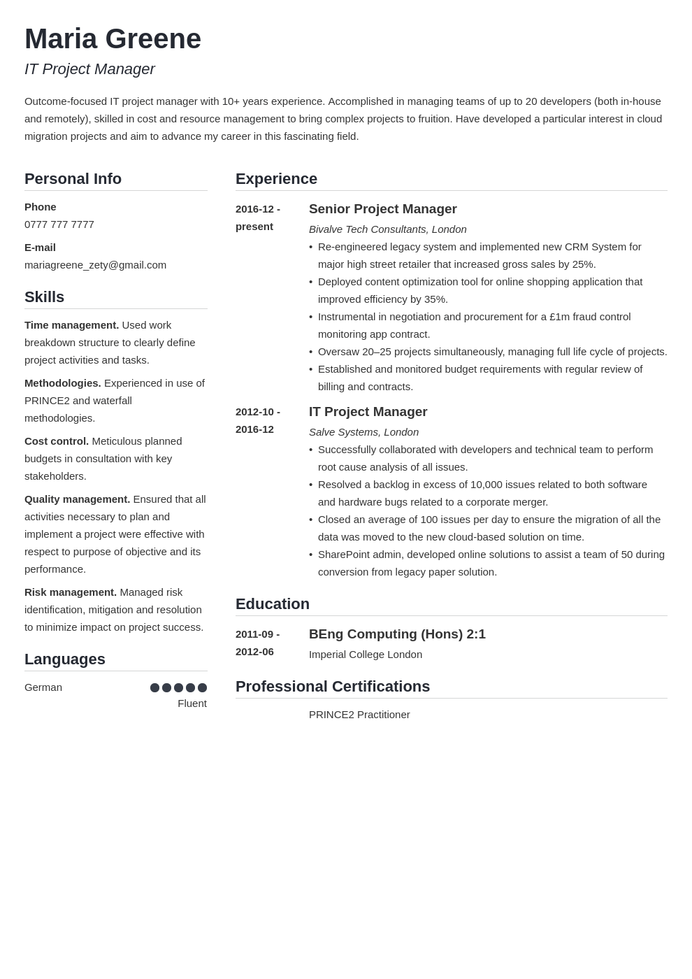 it project manager resume example template simple