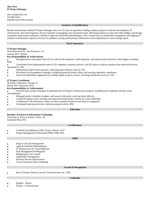 IT Project Manager Resume Sample