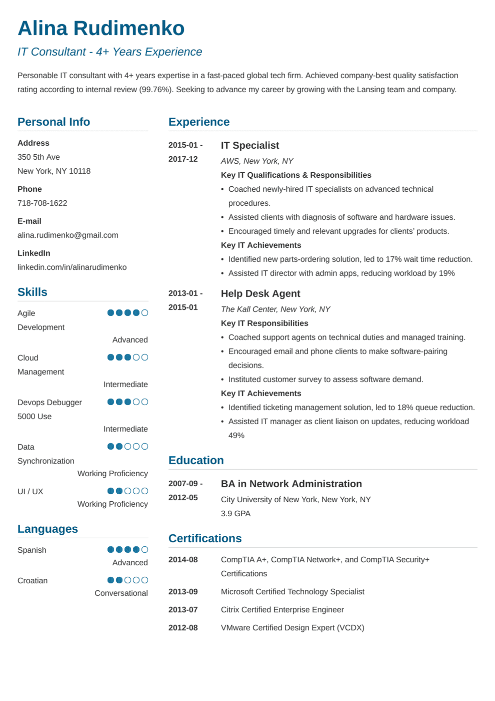 It Resume Template Simple 