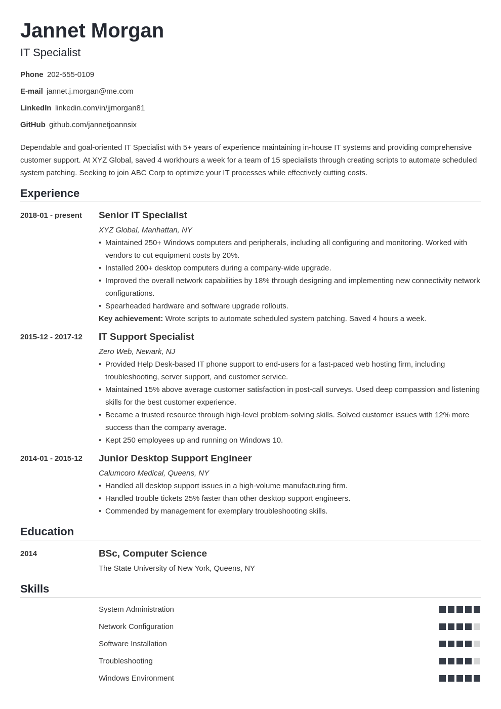 It Specialist Resume Sample Guide Amp Template