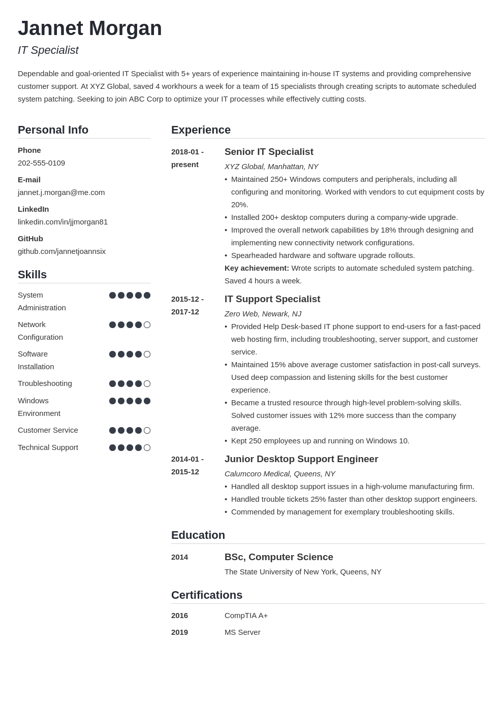 it specialist resume example template simple