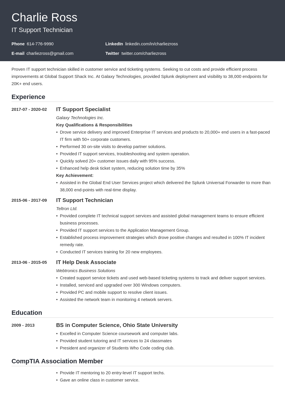 it application support resume headline