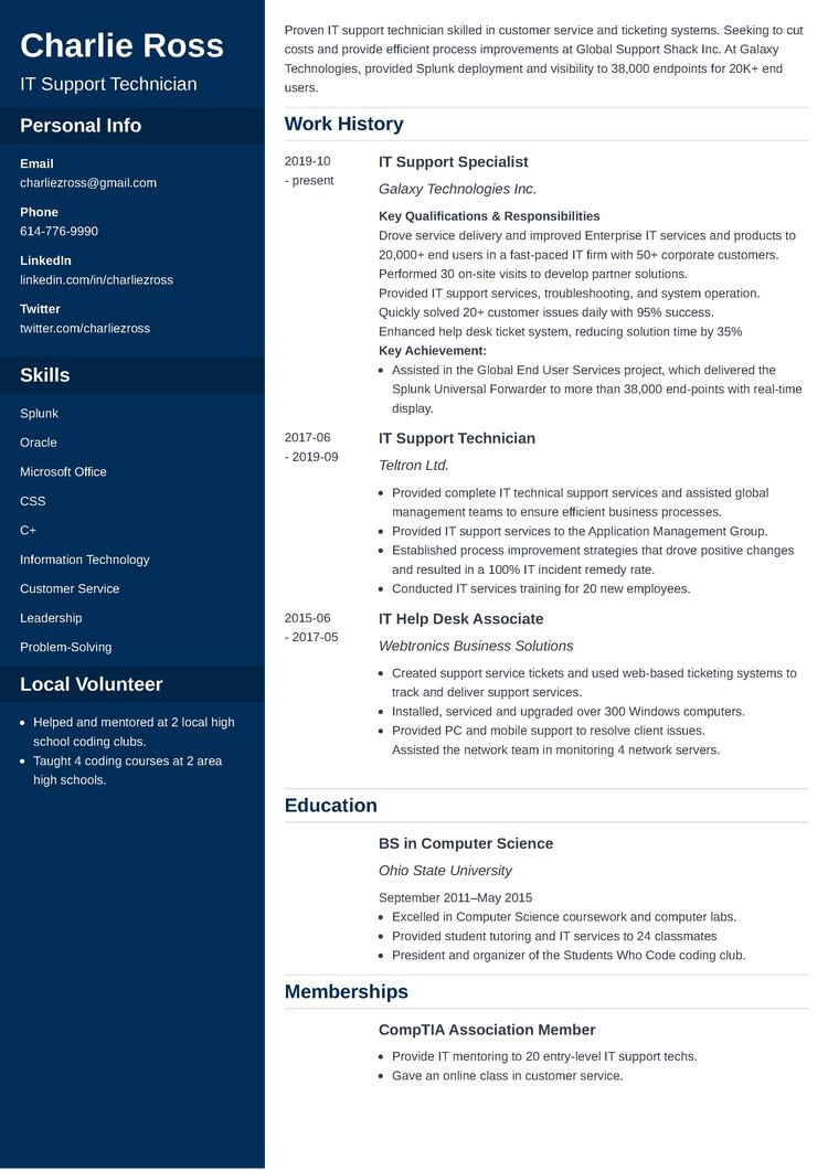 IT support resume example on Cascade template from Zety