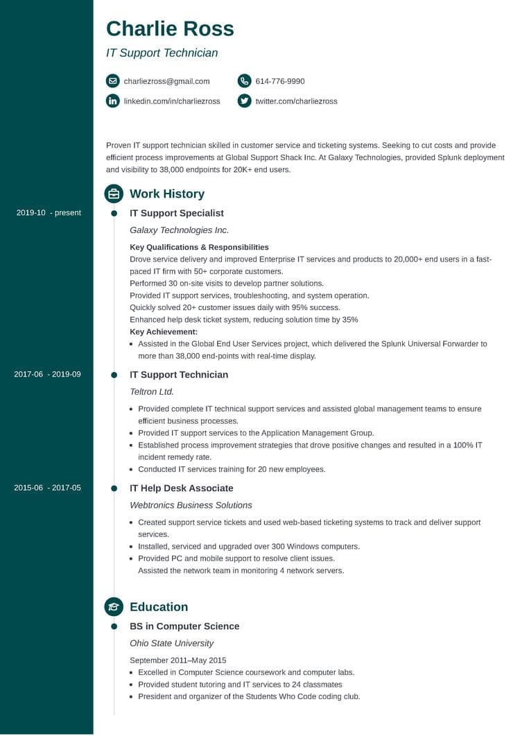 IT support resume example on Concept template from Zety