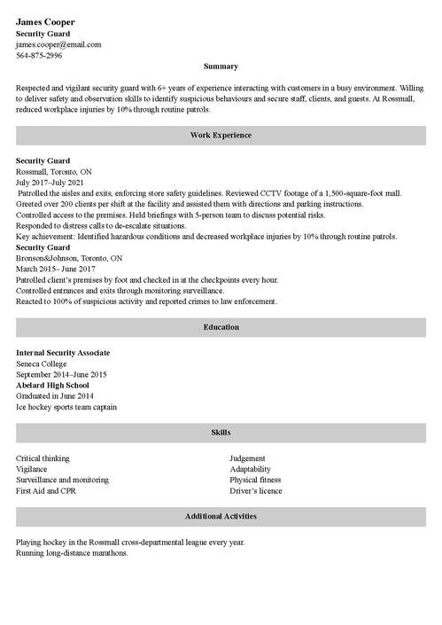 resume examples for security guard no experience