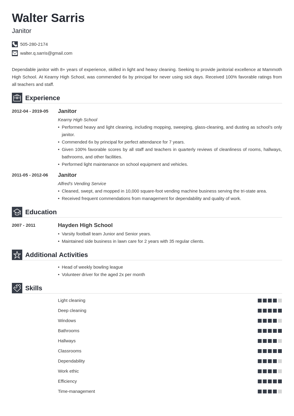 janitor resume example template iconic
