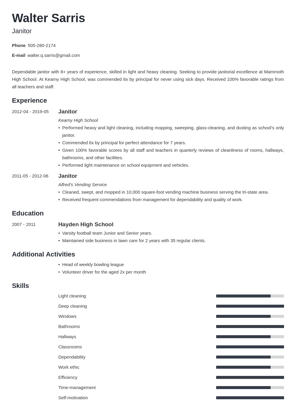 janitor resume example template minimo